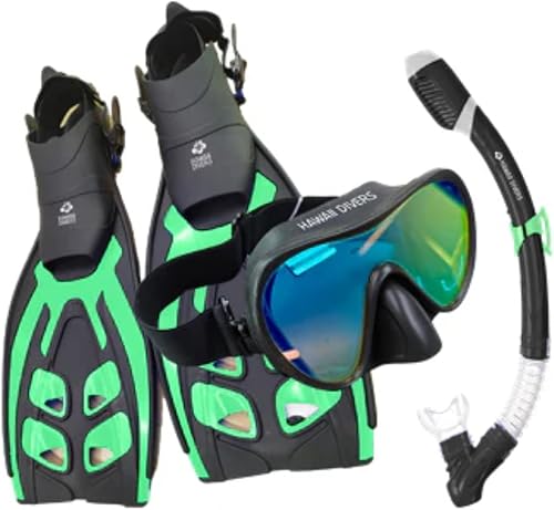 Deep Sea Mirrored Adult Snorkel Set - Scuba Mask Snorkel Set, Dry-Top Snorkel Mask Set, Snorkeling Gear with Adjustable Fins, Woven Strap, Silicone