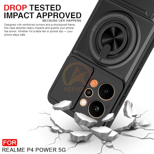 Image of Realme P4 Power 5G Back Cover | Armor Camera Slider 360 Degree Rotating Finger Ring Holder Case with Bracket Stand Back Case Cover (Compatible with MagSafe Accessories) (Black)