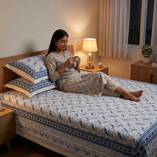 Image of Mafatlal 144 TC Heritage 100% Cotton Queen Size Bedsheet (90x108 inches) with Matching Pillow Covers | Soft & Comfortable | Elegant Printed Heritage Design | Cobalt Blue