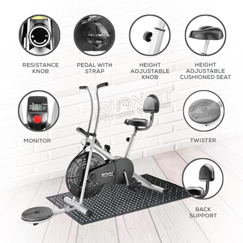 Image of BIONFIT Gym Cycle for Home Gym Fitness | Fixed Handle Air Bike for Cardio Exercise with Back Support Seat & Twister, Max Weight: 120 Kg