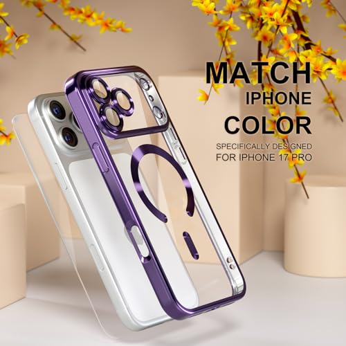 Image of Misea Magnetic for iPhone 17 Pro Case Compatible with MagSafe | [Never Yellowing] [Military Drop Protection] Full Camera Lens Protector Plating Soft Clear Phone Case for Women, Deep Purple