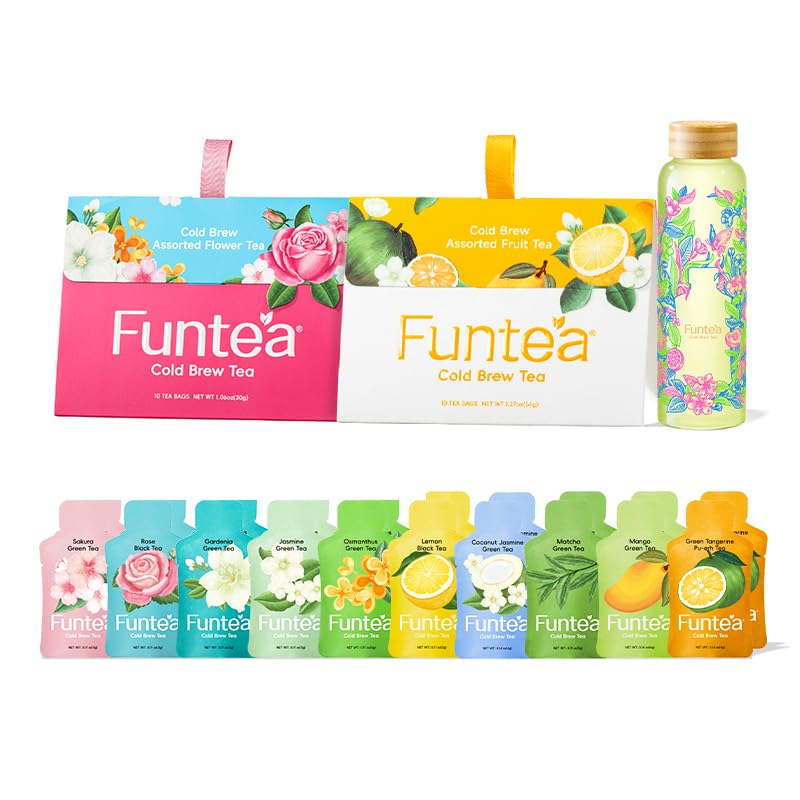 FUNTEA Cold Brew Herbal Tea Bags, Caffeine-Free Unsweetened Fruit & Flower Tea, 20 Individually Wrapped Tea Bags (2 x 10 Packs), with Color Changing Bottle Gift Set (Assorted Tea – Flower & Fruit,Bottle Set)