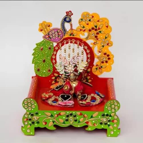 CAPIO ART EMBOSE Wooden Singhasan Peacock Shaped for Laddu Gopal Ganesha Krishna God Idols | Decorative Ladoo Gopal Pooja Chowki Sihasan for Temple Mandir Puja Idol Decoration Gifts Items (Height:15") - Image 4 thumbnail