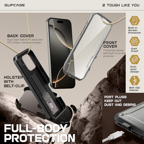 Image of SUPCASE for iPhone 16 Pro Case with Screen Protector (Unicorn Beetle Pro), [Built-in Stand & Belt-Clip] [Military-Grade Protection] Full Body Heavy Duty Phone Case for iPhone 16 Pro 6.3'' 2024, TiGray