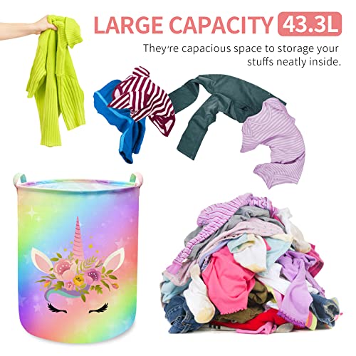 Image of Unicorn Laundry Basket Hamper Large Sized Round Storage Basket Waterproof Bin Collapsible Laundry Basket for Girls Room Organizer, Bedroom Nursery Playroom Clothes (43.3L)