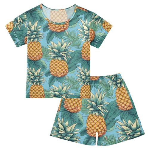 ALAZA Pineapples Green Leaves Pajama Set Short Sleeve Sleepwear Soft Lounge Nightwear
