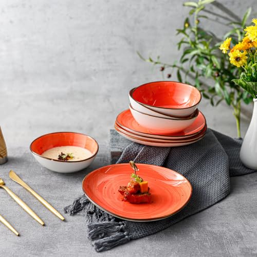 Kadum Potosi 8-teiliges Geschirrset für 4 Personen | Speiseteller Keramikteller hochwertige Keramik Bowls Saladbowls | 4x Frühstücksteller Ø 21,0 cm & 4x Salatbowl Ø 15,0 cm (Rot-Orange)