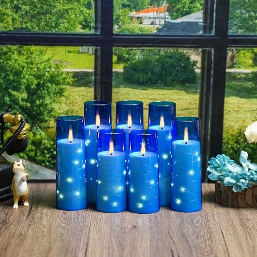 Image of Flameless Candles,with Embedded Star String, Battery Operated Candles Flickering LED Pillar Candles with Remote Control and Timer, Home Decoration Add a Warm and Romantic Atmosphere，Set of 7 (Blue)