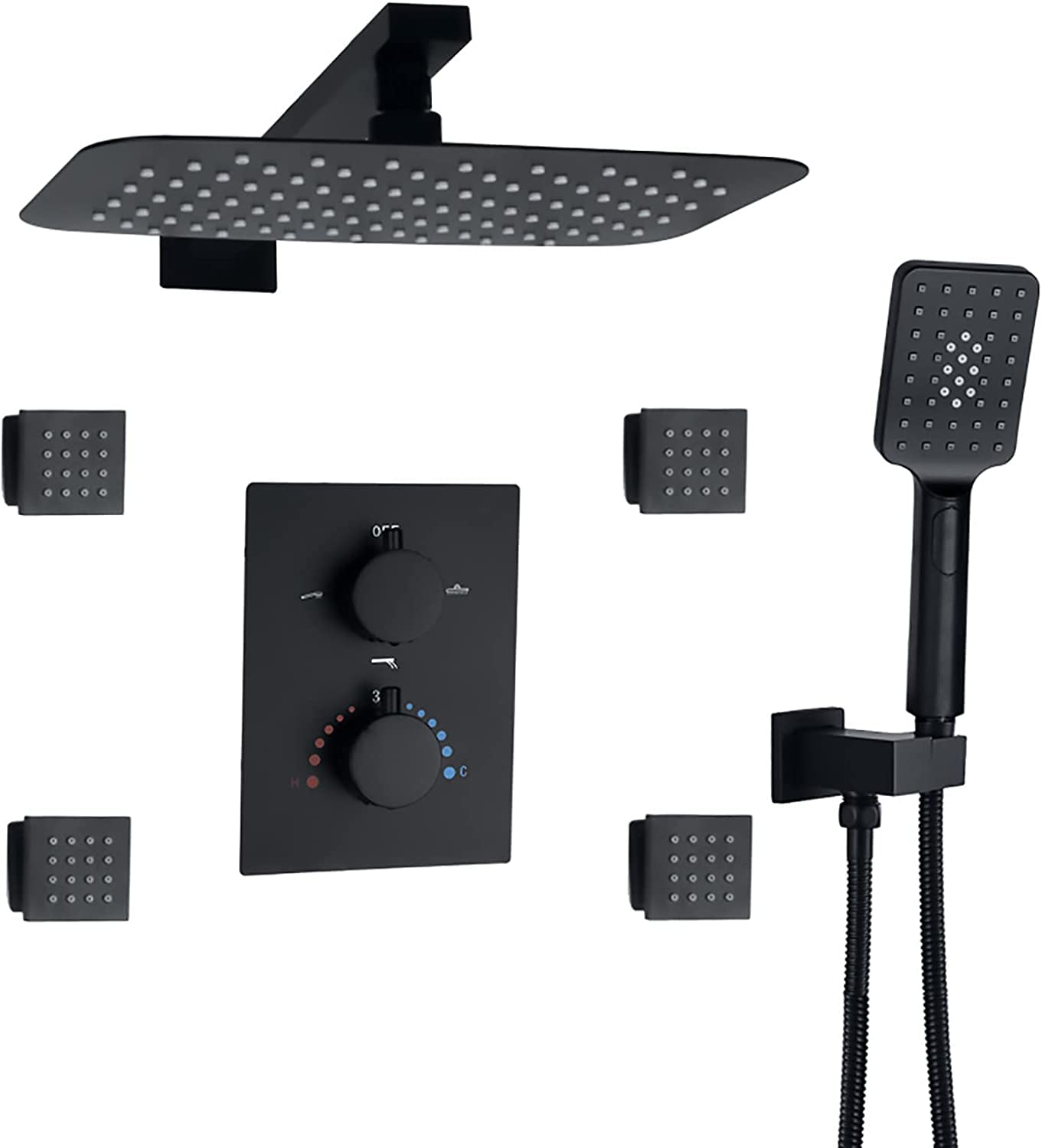 QUSYZD Shower System Thermostatic Black Shower Faucet Set 12 * 8 Inches Rain Shower Combo Set Wall Mounted Tub and Shower Trim Kit with 3 Modes Handheld Sprayer and Rectang,