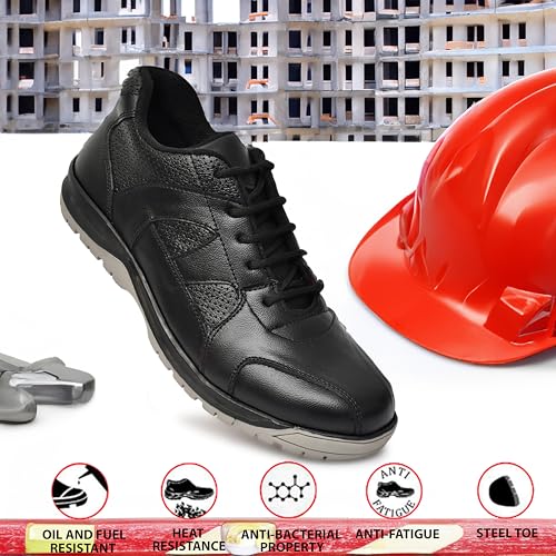 Image of Safety Shoes, Black Leather with Perforated Design, Anti-Slip Work Footwear
