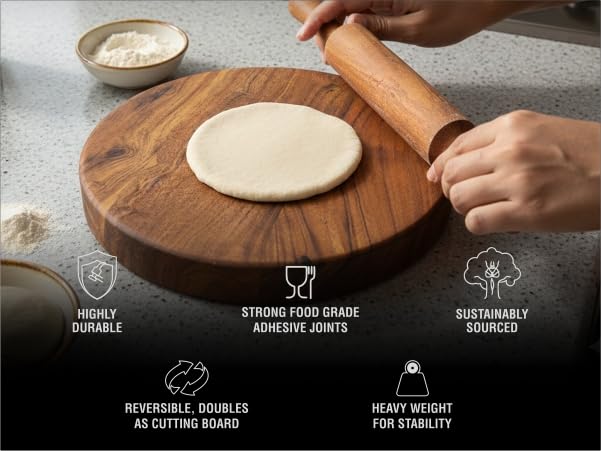 Image of Alda Acacia Wood Chakla Belan Set 10 Inch | Wooden Roti Rolling Board & Belan | Rolling Pin Set for Chapati, Paratha, Puri, Pizza & Baking Dough | Durable Kitchen Essential