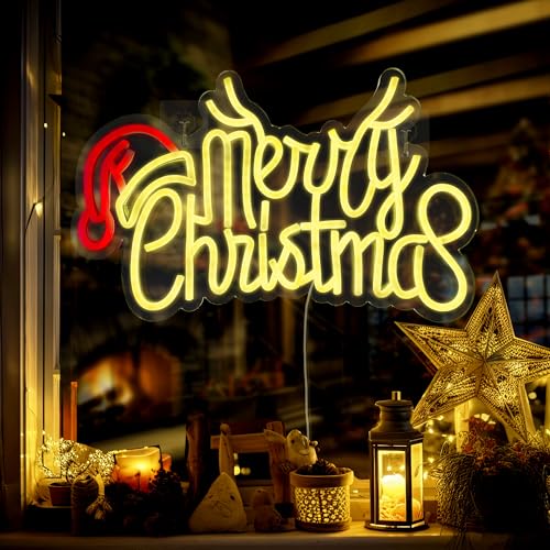 Image of KatchOn, Large Merry Christmas Neon Signs - 16x10 Inch | Window Christmas Decorations Indoor | Xmas Party Decorations, Holiday Decor | Santa Hat Sign USB Powered LED Lights