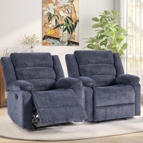 Image of ANJ Overstuffed Manual Recliner Set of 2, Soft Chenille Fabric - Blue
