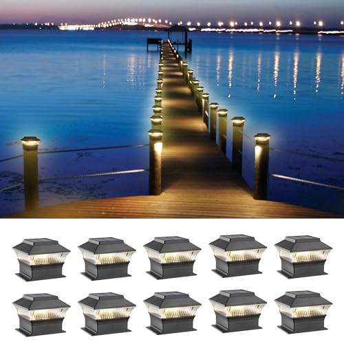 MOON-DE-AGE 4x4 4x6 Fence Lights Solar Powered Outdoor Post Cap Lights Yard Deck Garden Patio Mailbox Decorations 25 Lumens 3000K Ip65 Waterproof Black - 10 Pack