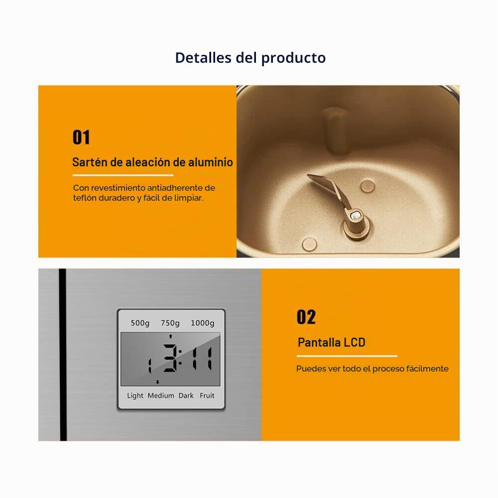 Panificadora 19 en 1, de acero inoxidable con panel táctil digital, 650 W, con caja automática de ingredientes