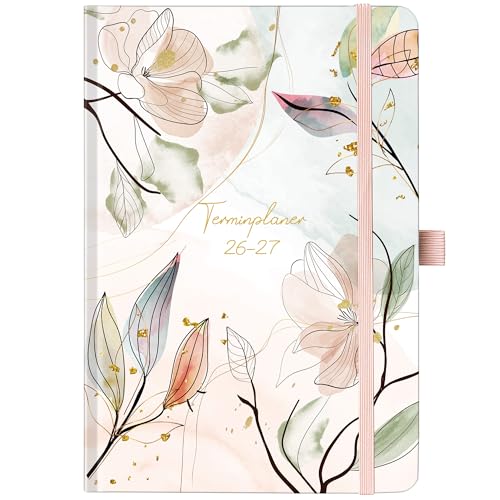 Terminplaner 2026 2027 - Kalender 2026-2027, Wochenplaner, Aug 26 - Sep 27, Planer, Organizer, A5 Terminkalender mit Einstecktasche, Gummiband, 21.4 cm × 14.6 cm, Rosa