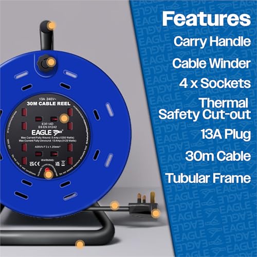 Enrollador de cable Eagle Restable con 4 tomas UK y estructura metálica resistente 5