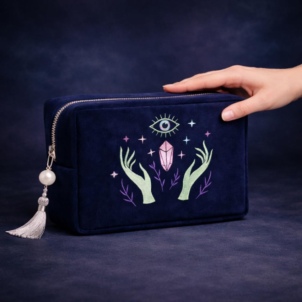 La Muci Velvet Zipper Pouch for Tarot Decks, Oracle Cards and Crystals, Embroidered Mystical Makeup Bag, Soft Velvet Cosmetic Pouch, Travel Organizer Storage Bag with Zipper and Tassel