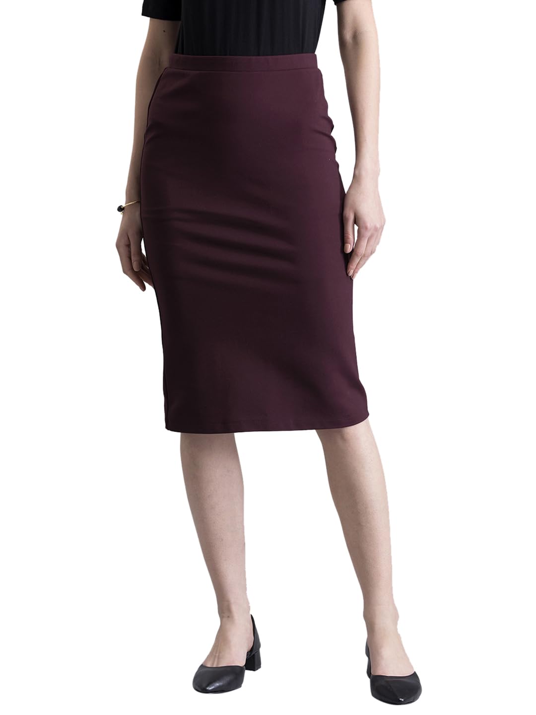fablestreet Women's Viscose Rayon Elasticated Knitted Pencil Knee Length Skirt (Maroon)-picture-27