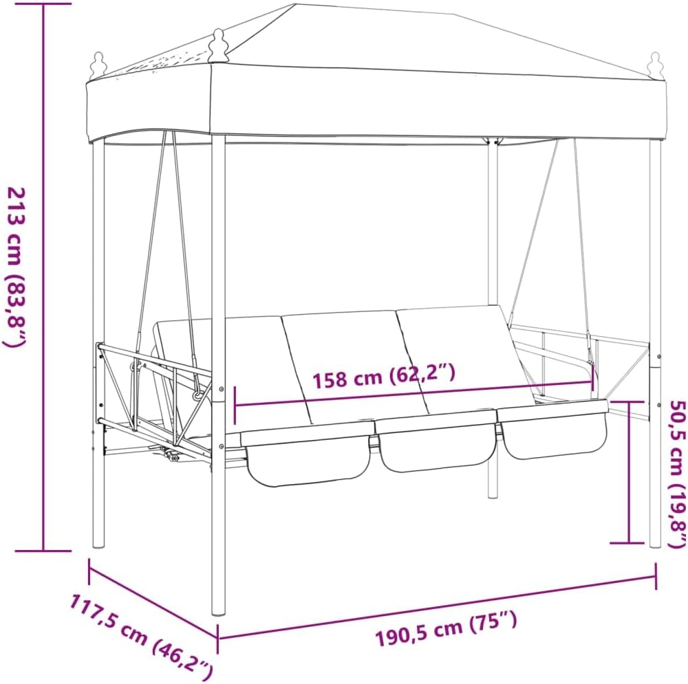 vidaXL Patio Swing Bench with Canopy – Outdoor Garden Furniture, 2-in-1 Chair/Bed, Sand Color, Powder-Coated Steel Frame, Cushioned Seat