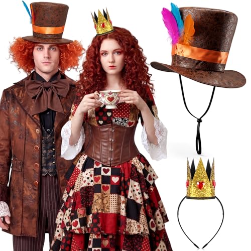 FineCheer Wonderland Tea Party Brown Top Hat with Feather Heart Crown Headband Queen Accessories for Woman Man Tea Party Hat Cosplay Costume Outfit
