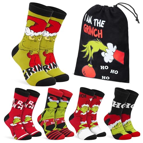 The Grinch Socks for Men Teens, Christmas Holiday Socks Soft Breathable Crew Socks Multipack, Gifts for Him (Multi)