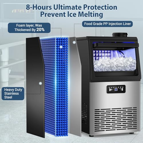 Image of Commercial Ice Maker Machine with 20 Storage Bin, 100Lbs /24H, 36Pcs Ice Cubes 9-15Mins, Dual Water Inlet Options Stainless Steel Under Counter Freestanding Ice Cube Machine for Home, Party, Office