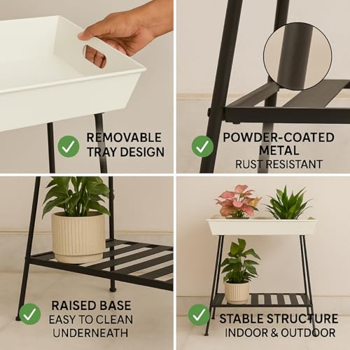 Image of ecofynd Nico Plant Stands for Outdoor Balcony, Flower Pot Stand for Indoor Plants, Metal Planter Stand for Living Room, home decor, Indoor & Outdoor plants, 2 Tier, (PS045-WHTBLK)