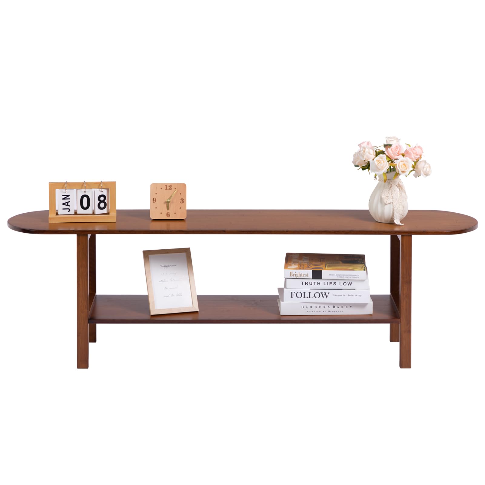 HollyHOME TV Schrank Bambus TV Lowboard Rattan 140cm Fernsehschrank Fernsehtisch TV Bank 2-stöckige TV Tish TV Table für Wohnzimmer Schlafzimmer, Dunkel