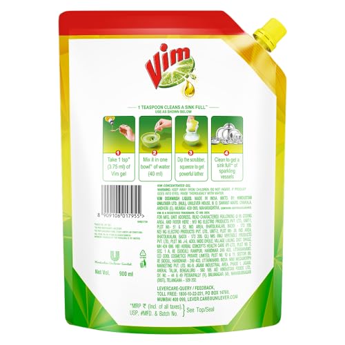 Image of Vim Dishwash Liquid Gel Lemon 900 ml Refill Pouch (Pack of 2)