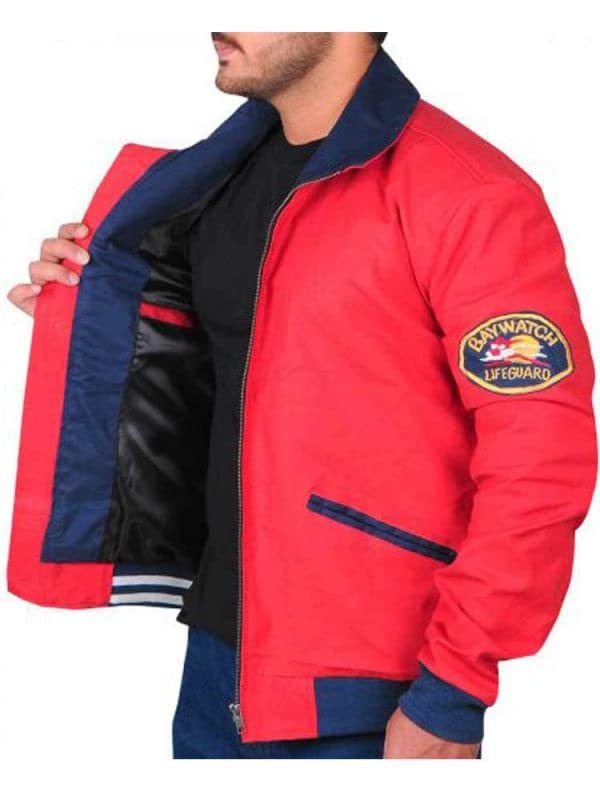 Mens Letterman David Hasselhoff Baywatch Lifeguard Beach Style Red Bomber Cotton Varsity Jacket2