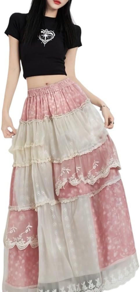 Y2k Retro College Style midi Skirt with Summer high Waist and Slimming Effect Patchwork lace Skirt
