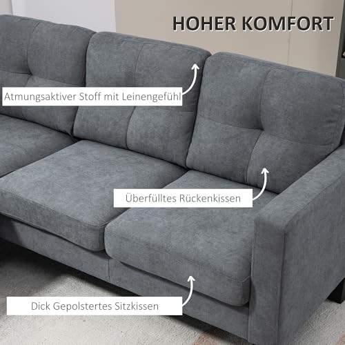 HOMCOM Ecksofa, Eck-Couch mit umkehrbarer Chaiselongue, Sofa in L-Form, Gepolstert Eckcouch mit Federkern, Stahlrahmen Leinenoptik, 186 x 130 x 84 cm, Dunkelgrau – Bild 5