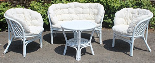 Luna Bahama - Juego completo para salón con sofá, sillón y mesa, en mimbre de bambú y ratán - Color blanco