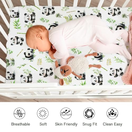 Image of Watercolor Panda Green Leaves Fitted Baby Crib Sheet for Baby Boy Girl 52 inchx28 inch Cute Bear Animal Soft Breathable Unisex Fitted Baby Bed Sheets Fits All Standard Crib and Toddler Mattress Pads