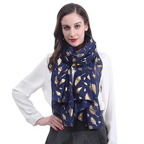 Lina & Lily Metallic Gold Silver Foil Feather Women's Scarf Shawl Wrap Lightweight2