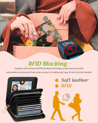 Image of Bistup Leather 12 Slot Accordion Card Holder Wallet, Cat Flower | Accordion Storage, Zipper Around Closure, Compact Patterned Wallet for IDs, Cards, Cash, Daily Carry and Gifts
