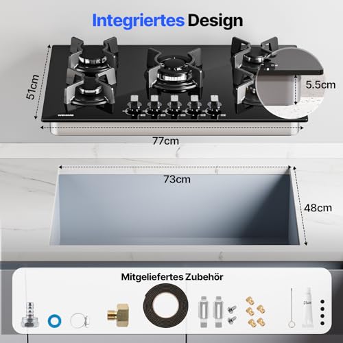 WEHIMO Gaskochfeld 5 Flammig, Gasherd 77cm, Glas Einbau-Gaskochfeld Dicke 8 mm, Schwarz Gaskochfeld mit Automatischem Flammenschutz, Gas Stove für Erdgas oder LPG, 10500W, 127-240V – Bild 3