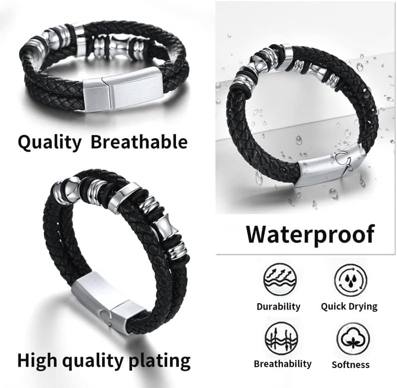 ChainsHouse Mens Wrap Braided Leather Black Bead Bracelets Bangles, Vintage Star of David/Wing Skull/Templar Cross Genuine Leather Bracelet, Customize Available, Size 7.5/8.3/9.0 Inch, Send Gift Box - Image 2