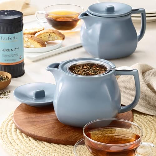 Image of Tea Forte Ceramic Teapot with Infuser, Stone Blue, 24 oz | Light Blue Ceramic Teapot & Lid - Stainless Steel Loose Leaf Tea Infuser - Microwave & Dishwasher Safe