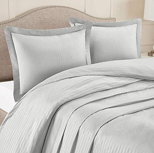 LUXURIOUS BEDDING UK Single Size 800 Thread Count Egyptian Cotton 15" Inch Deep Pocket Zipper Closure 3 PC Duvet Cover Set with Fitted Sheet Silver Grey Striped