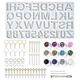 Resin Harz Gießen Set : Wir bieten Ihnen alles, was Sie für DIY Craft Casting Mould benötigen, einschließlich 1 x Silikon Gussform mit 26 Buchstaben und 10 Zahlen, 20 x Schlüsselringe mit Kette, 50 x Augenschrauben, 40 x Metallsprungringe, 60 x Schraubösen, 12 x Glitzer-Pailletten, 1 x Handdrehbohrer, 2 x Bohrer.