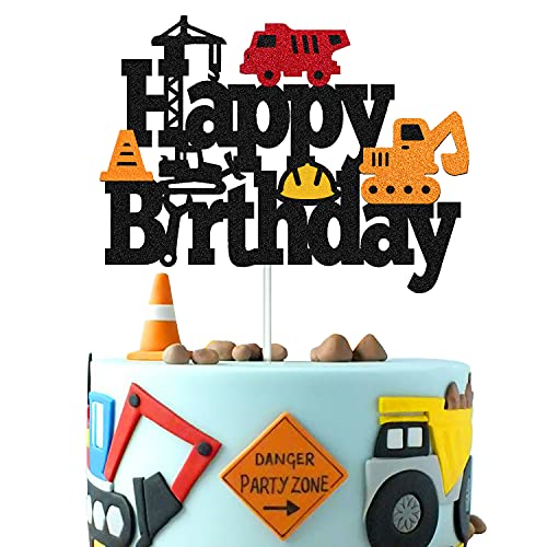 Construction Birthday Cake Toppers Truck Dump Excavator Forklift Bulldozer Road Roller Engineering Themed For Kids Boy Girl Happy Birthday Party Supplies Sparkle Decorations Double Sided #TOP5