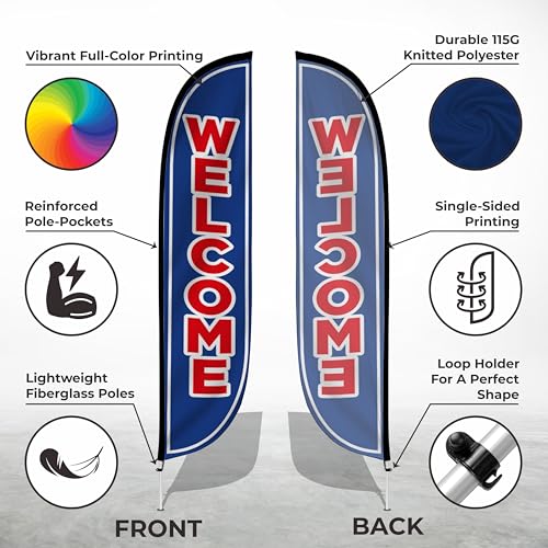 Image of LookOurWay Feather Flag Set, 12 ft Advertising Flag with Fiberglass Poles and Ground Spike for Business Promotion, Welcome (Blue)