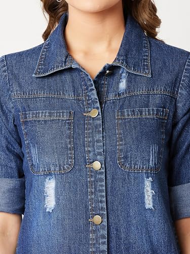 Image of Miss Chase Women's Polo Neck Full Sleeves Patch Pocket Denim Overcoat Knee-Length Jacket