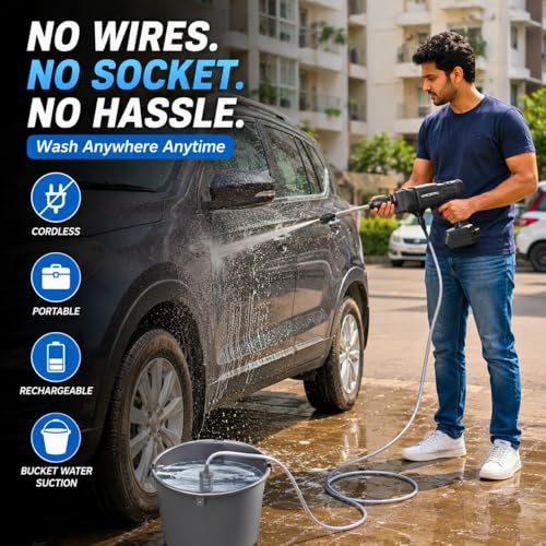 Image of Car Washer High Pressure Gun, Rechargeable 48V 12000mAh Cordless Portable Wireless for Bike, House Lawn, Garden & AC Washing Cleaning Kit