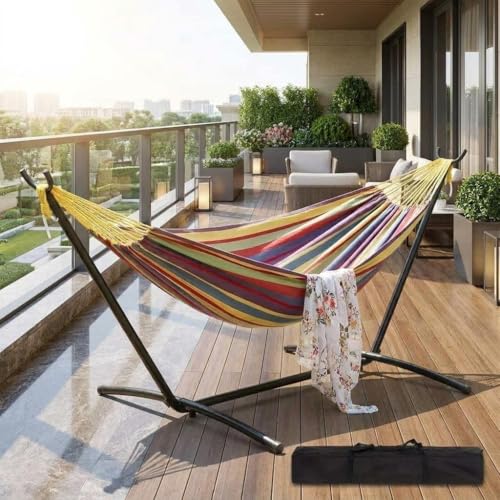 GarveeTech Doppel-Hängematte mit stabilem Stahlgestell Tragbar platzsparend bis 500 lbs belastbar Für Garten Terrasse Camping Outdoor Komfortables Polyester-Baumwoll-Material Inkl.