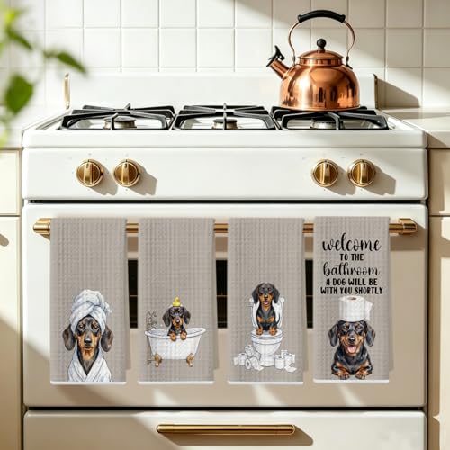 Image of 4 Pcs Funny Dachshund Hand Towel for Bathroom 24x14 Inch, Dachshund Gifts Reusable Dish Cloth Towel, Waffle Weave Hand Towels for Toilet Home Bathroom Decor, Weiner Dog Gifts for Women Mom Friend