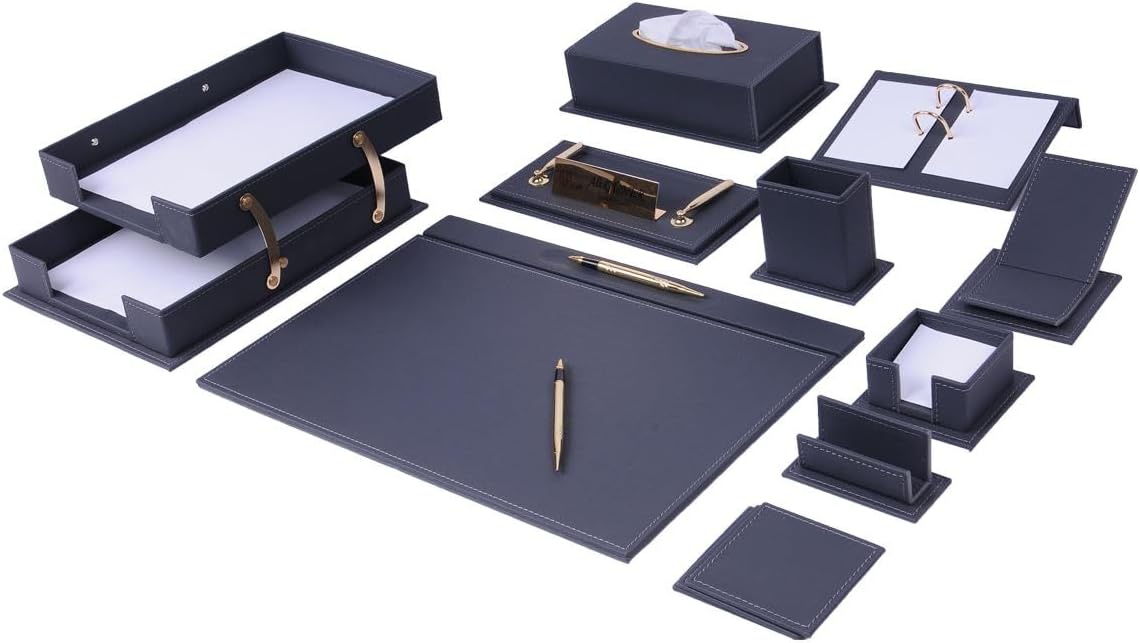 Vega 14-Piece Gray Leather Desk Set, Handmade Executive Office Organizer with Desk Pad, Double Document Tray, Gold-Tone Pen Set, Name Plate and Calendar Holder, Gift for Lawyers and Managers
