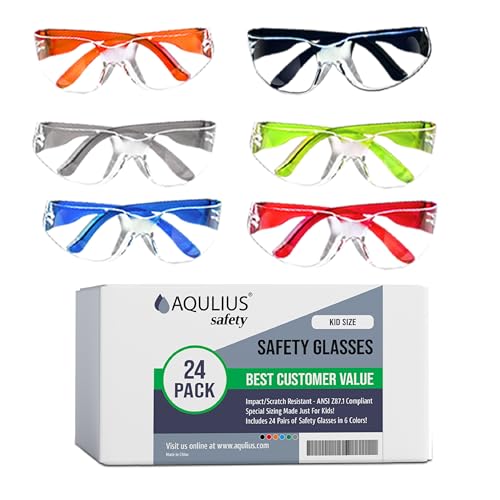 Aqulius Kids Safety Glasses & Goggles - 24 Pack, Kids Size, Assorted Colors - ANSI Z87 Rated Protective Eyewear - Science Party Supplies & Youth Safety Glasses